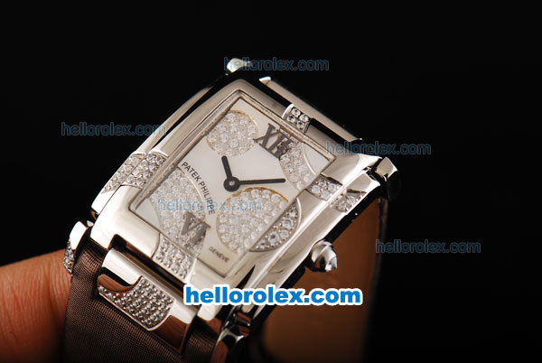 Patek Philippe Twenty-4 Swiss Quartz Movement Steel Case with White MOP Dial and Brown Leather Strap - Click Image to Close